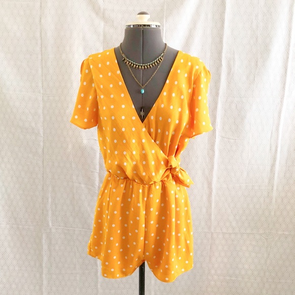 mustard polka dot wrap dress